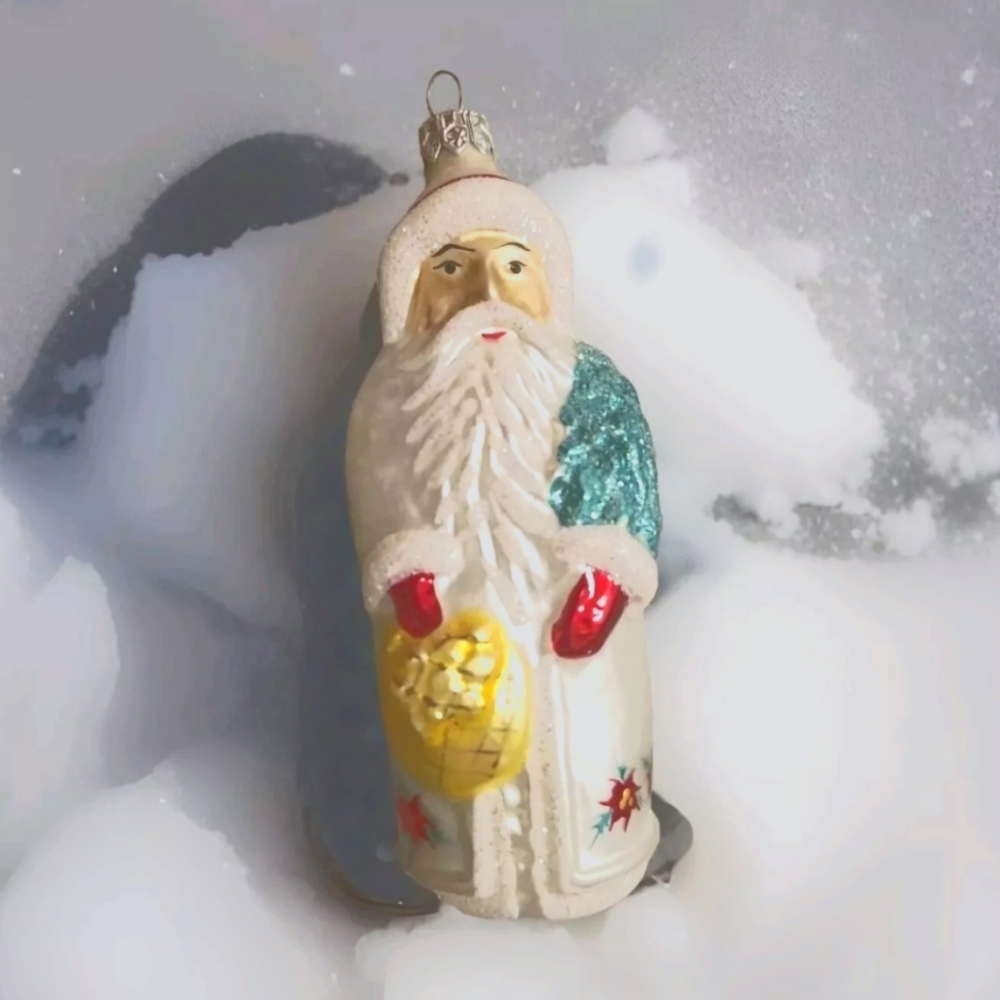 VTG Christopher Radko Poinsettia Santa White Glass Christmas Ornament  "Retired"